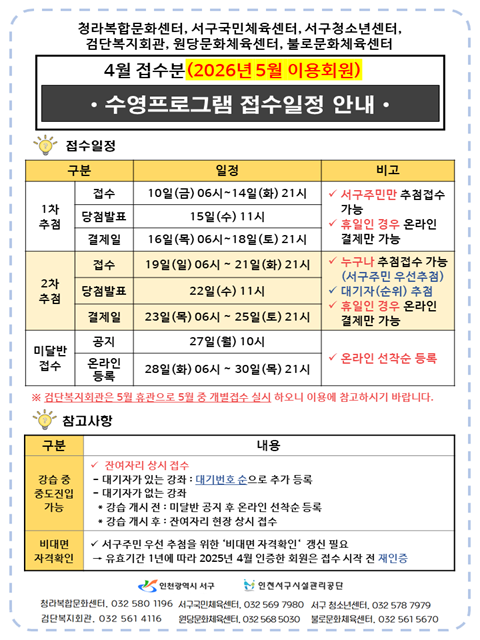 4월 수영 접수일정 안내